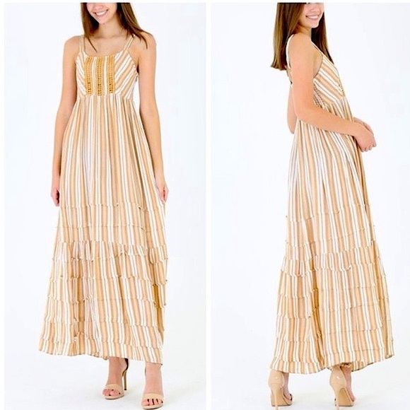 Penna&Pine Dresses & Skirts - Yellow Striped Tiered Ruffle Empire Maxi Dress